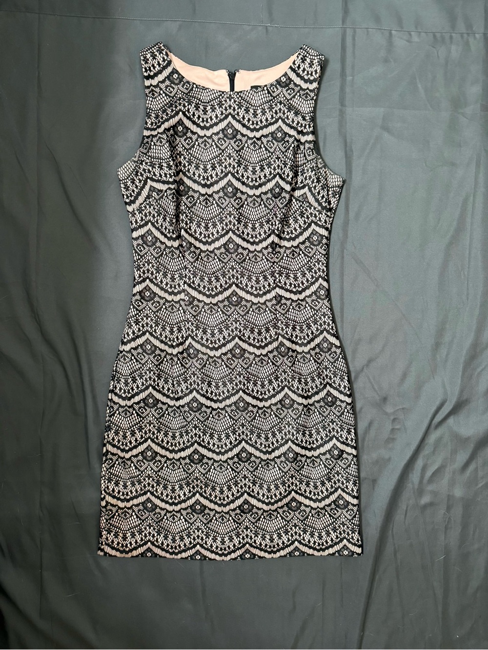 Sleeveless Black and Cream Lace-Pattern Sheath Dress - Picture 1 of 2
